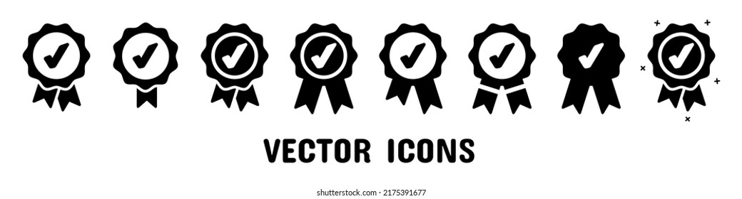 Approval Check Icon, Quality Sign, Certified Medal Symbol Set - Different Vector Illustrations Isolated On White Background