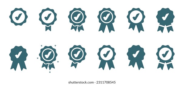 Approval Check Icon, Quality Sign, Certified Medal Symbol Set - Different Vector Illustrations Isolated On White Background