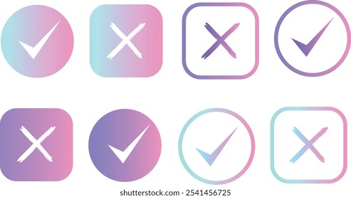 Approval check mark and cross icons in circle and square, checklist signs, YES and NO icons, isolated tick symbols - Vector