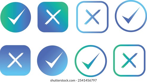 Approval check mark and cross icons in circle and square, checklist signs, YES and NO icons, isolated tick symbols - Vector