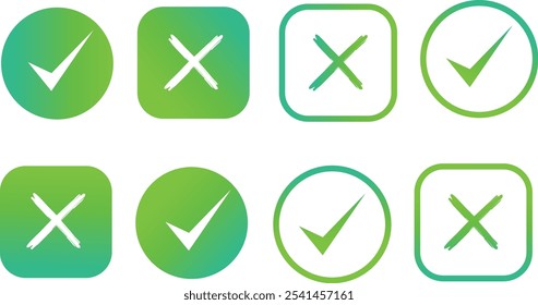 Approval check mark and cross icons in circle and square, checklist signs, YES and NO icons, isolated tick symbols - Vector