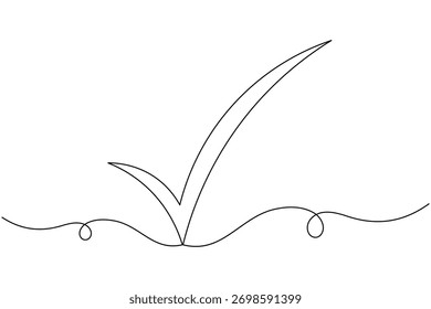 Approval check mark icon continuous one line drawing on white background minimalist tick symbol outline vector illustration