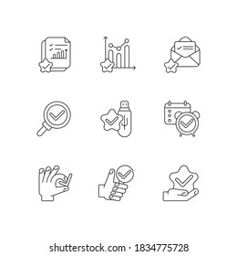 Approval checkmarks linear icons set. Document evaluation. Statistic progress assessment. Customizable thin line contour symbols. Isolated vector outline illustrations. Editable stroke