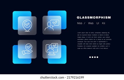Approval checkmarks set icon. Approved, website buttons, computer monitor, man, speech bubble, map pointer. Business concept. Glassmorphism style. Vector line icon for Business and Advertising.
