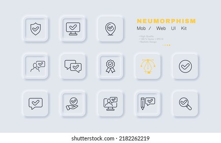 Approval checkmarks set icon. Shield, computer, pointer, man with speech bubble, winners badge, hand, pencil, magnifier. Business concept. Neomorphism. Vector line icon for Business and Advertising.