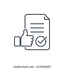 Concepto de aprobación, documento acreditado, acuerdo autorizado, contrato confirmado. Icono lineal vectorial aislado en fondo blanco.