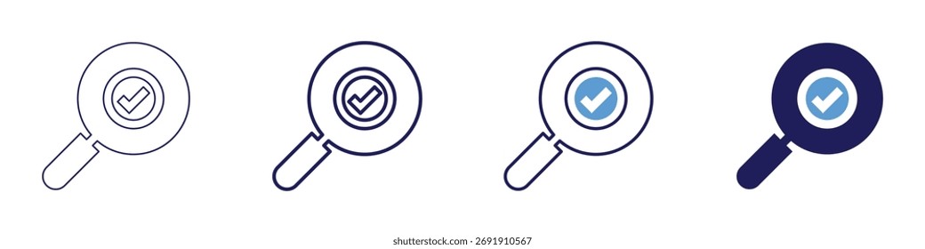 Icono de insignia de confirmación de Aprobación en 4 estilos diferentes. Línea delgada, línea, línea en negrita, duotono. Estilo duotono. Trazo editable.