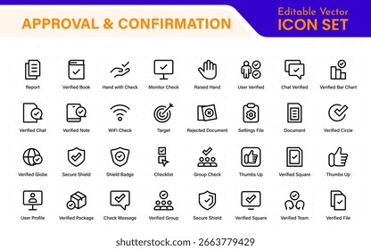 Approval and confirmation minimal thin line icon collections. Related accept, certified, agreements, validation, confirmation.