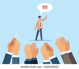 Approval, congratulations and recognition. Audience support, excellent result, people applauding man for successful performance or speech, victory in competition, vector cartoon concept