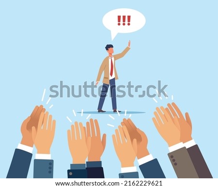 Approval, congratulations and recognition. Audience support, excellent result, people applauding man for successful performance or speech, victory in competition, vector cartoon concept