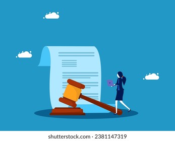 Approval of court decision documents. Businesswoman and legal documents with judgment hammer symbol