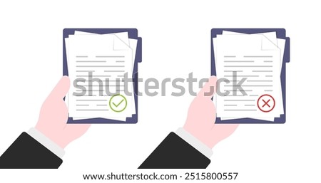Approval of Disagree icons. Document icons. Flat style. Vector icons.