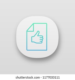 Approval document app icon. Best mark. Excellent review. Approval and like sign. UI/UX user interface. Mobile application. Customer review. Paper sheet with thumbs up. Vector isolated illustration