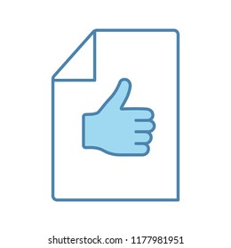 Approval document color icon. Best mark. Excellent review. Approval and like sign. Customer review. Paper sheet with thumbs up hand gesture. Isolated vector illustration