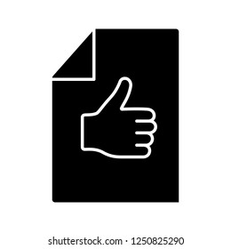 Approval document glyph icon. Best mark. Excellent review. Approval and like sign. Silhouette symbol. Negative space. Customer review. Paper sheet with thumbs up. Vector isolated illustration