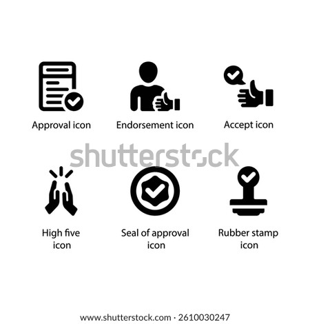 Approval, Endorsement, Accept, High five, Seal of approval, Rubber stamp, Black Icon Set
