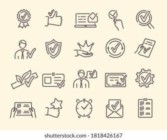 Approval, endorsement, acceptance, approvement concept. Vector set of linear icons related to accreditation, quality check and affirmation. Pictograms and infographics design elements