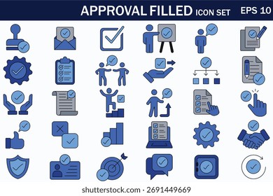 Icono lleno de Aprobación en tonos azules. Incluye marcas de verificación, documentos, trabajo en equipo, éxito, negocios y símbolos de finalización de tareas. Perfecto para proyectos de diseño de Web, App o presentación.