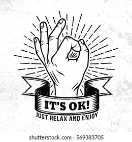 Approval hand gesture with a ribbon, the inscription and sunburst - hipster retro emblem. Worn texture on a separate layer and can be easily disabled.