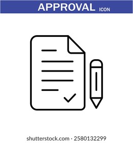 Approval icon. Containing accept, certified, thumps up, agreement, approve, validation, seal approved, confirmation and decision icons. Vector Line Icon set art by illustrator eps 10