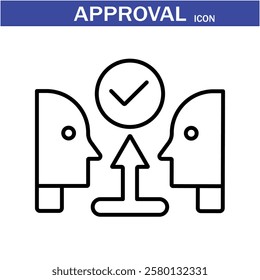 Approval icon. Containing accept, certified, thumps up, agreement, approve, validation, seal approved, confirmation and decision icons. Vector Line Icon set art by illustrator eps 10