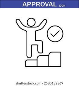 Approval icon. Containing accept, certified, thumps up, agreement, approve, validation, seal approved, confirmation and decision icons. Vector Line Icon set art by illustrator eps 10