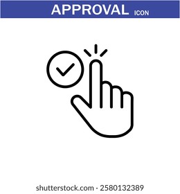 Approval icon. Containing accept, certified, thumps up, agreement, approve, validation, seal approved, confirmation and decision icons. Vector Line Icon set art by illustrator eps 10