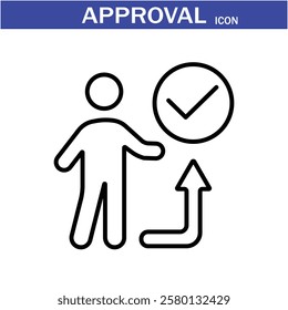 Approval icon. Containing accept, certified, thumps up, agreement, approve, validation, seal approved, confirmation and decision icons. Vector Line Icon set art by illustrator eps 10
