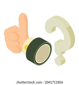 Vector isométrico del icono de aprobación. Mano humana con el pulgar hacia arriba y signo de interrogación. Humor positivo, buena señal, gesto como