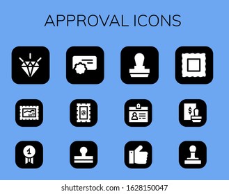 approval icon set. 12 filled approval icons. Included Quality, Stamp, Reward, Accreditation, Thumbs up icons