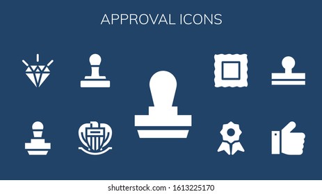 approval icon set. 9 filled approval icons. Included Stamp, Nice, Quality, Thumbs up icons