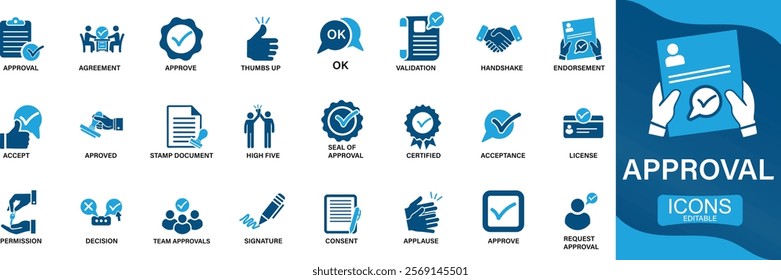 Approval icon set .accept, certified, thumps up, agreement, approve, validation, seal approved, confirmation and decision You can easily change the color