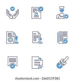 Approval icon set. Bold line style. Duotone colors. Editable stroke. validation, document, approved, follower, paper, hired, stamp.