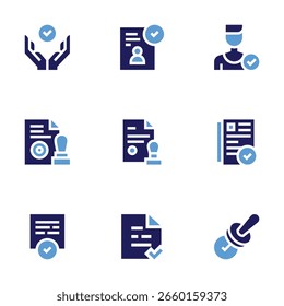 Conjunto de iconos de Aprobación. Estilo audaz. Duotone colores. validación, documento, aprobado, seguidor, papel, contratado, sello.