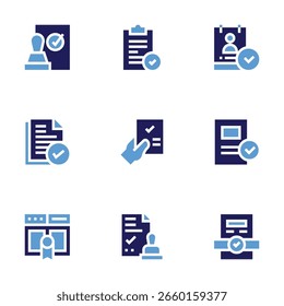 Ícone de aprovação definido. Estilo negrito. Cores duotônicas. projeto, verificação, cv, carimbo, aprovado, aprovar, página da Web.