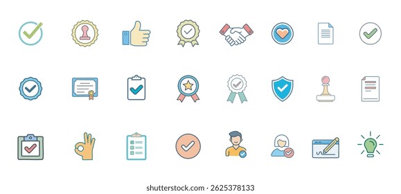 Approval Icon Set  Check mark, Verified, Confirmed, Certified, Success  Yes Line Icons in Vector Style 