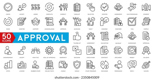 Approval icon set. Containing accept, certified, thumps up, agreement, approve, validation, seal approved, confirmation and decision icons.