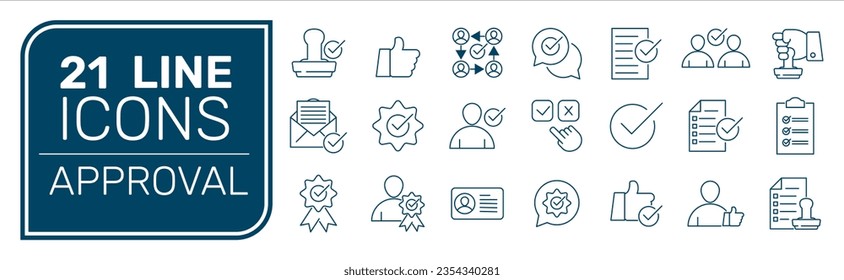 Approval icon set. Containing accept, certified, thumps up, agreement, approve, validation, seal approved, confirmation and decision icons. Solid icon set. Vector illustration.