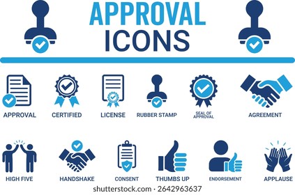 
Ícone de aprovação definido. Contendo ícones de aceitação, certificação, aceitação, aprovação, validação, selo aprovado, confirmação e decisão