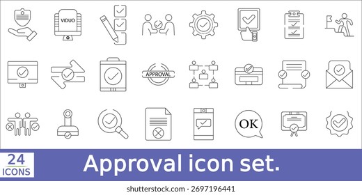 Ícone de aprovação definido. Contendo aceitar, certificar, concordar, aprovar, validar,