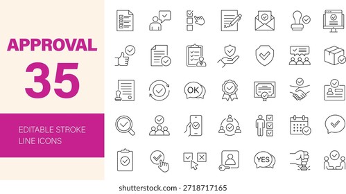 Conjunto de iconos de Aprobación. Contiene aceptación, certificación, Acuerdos, validación, aprobación, confirmación, licencia y más. Iconos de línea editables. Ilustración vectorial.