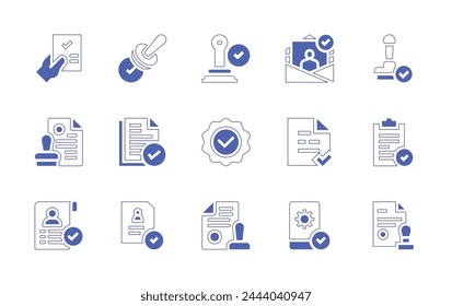 Conjunto de iconos de aprobación. Trazo de línea de estilo duotono y negrita. Ilustración vectorial. Conteniendo calidad, validación, aprobar, comprobar, aprobado, sello, papel, teléfono.