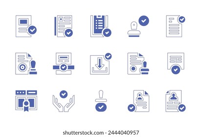 Approval icon set. Duotone style line stroke and bold. Vector illustration. Containing project, approval, document, approved, download, web page, stamp, cv.