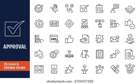 Approval icon set. Includes accept, certified, agreement, approve, validation, confirmation and more. Outline icon with Editable stroke. Vector illustration