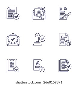 Conjunto de iconos de Aprobación. Estilo de línea. Editable stroke. documentos, certificado de sello, tasación, archivo, aprobado, aprobar, correo electrónico.