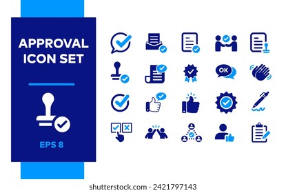 Approval icon set. Medal, Approved Successful document. Social Media Management. Verification, Verified Badge. Yes or no decision accuracy making. Two men silhouette giving high five. Document signing