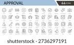 Approval icon set showing verification, authorization, confirmation, checklist, review and decision making processes for business and digital workflows in clean outline vector style.