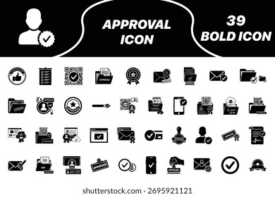 Approval Icon Set – Silhouette Vector Icons of Checkmark, Verified, Agreement, Success, Confirmation and Validation Symbols