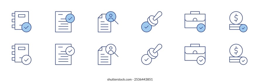 Conjunto de iconos de Aprobación en dos estilos, estilo Duotone y Thin Line. Trazo editable. validación, maletín, política corporativa, examen, búsqueda de empleo, financiero.
