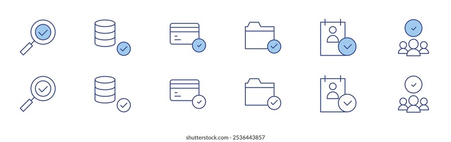 Approval icon set in two styles, Duotone and Thin Line style. Editable stroke. check, folder, cv, database, candidate, credit card.